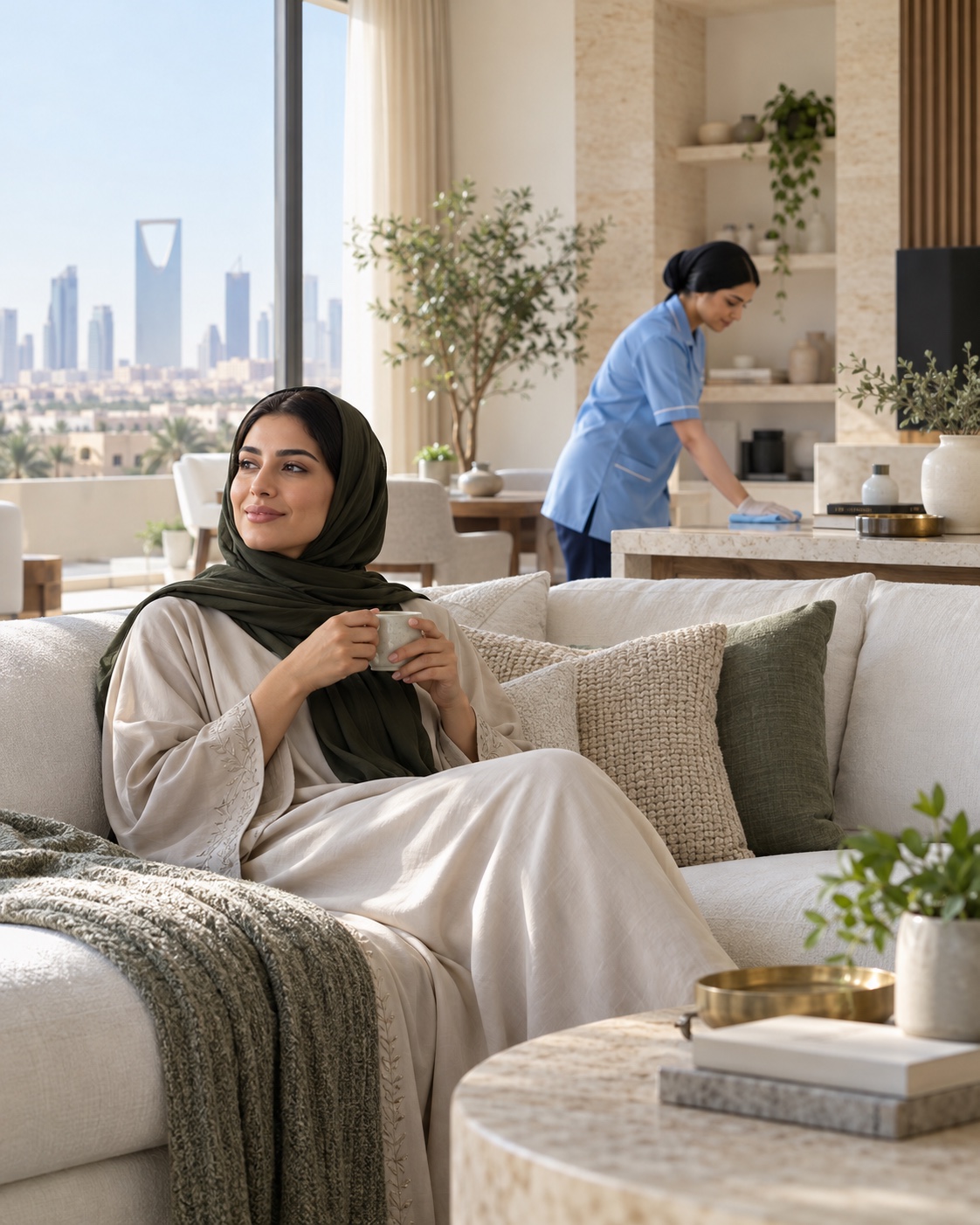 A homeowner relaxing in a bright Riyadh apartment while a professional finishes a cleaning service